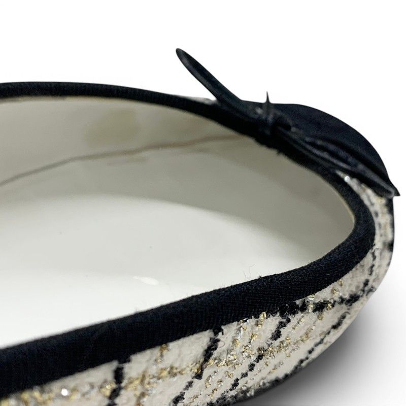 Chanel Flat Shoes Tweed Fabric White Black Gold Ballerina CC Logo Ribbon Ballet — view 7