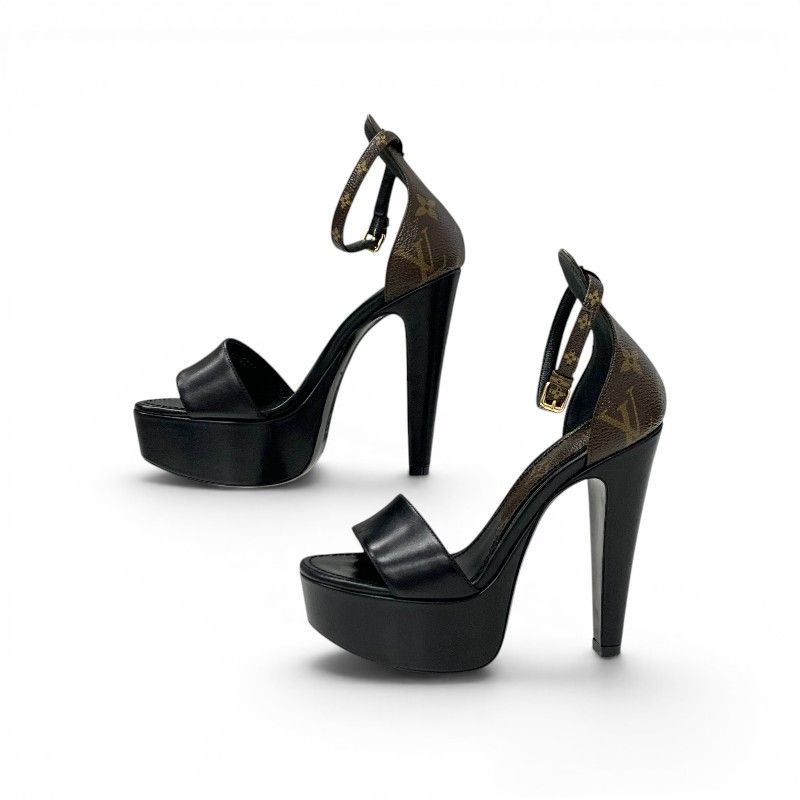 Louis Vuitton Afterglow Line Monogram Sandals Shoes Leather Black Brown Strap — view 3