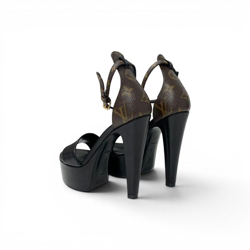 Louis Vuitton Afterglow Line Monogram Sandals Shoes Leather Black Brown Strap — view 4