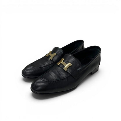 Hermes Paris Loafers Leather Shoes Black Gold Moccasins