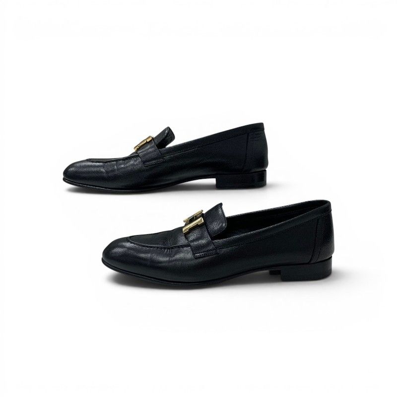 Hermes Paris Loafers Leather Shoes Black Gold Moccasins — view 3