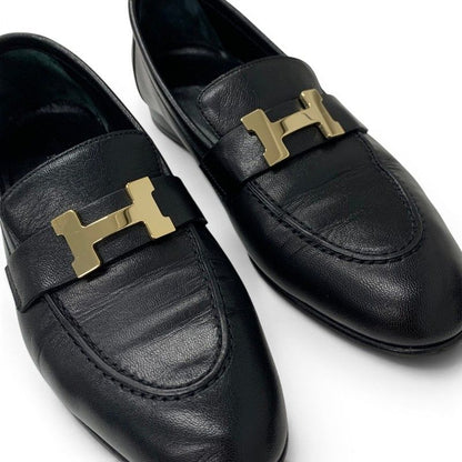 Hermes Paris Loafers Leather Shoes Black Gold Moccasins — view 9