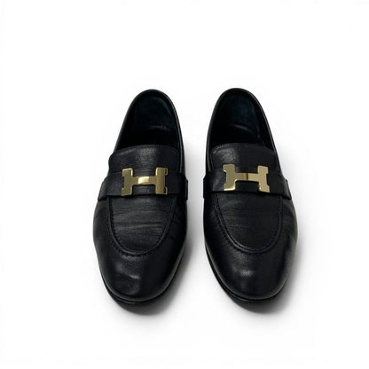 Hermes Paris Loafers Leather Shoes Black Gold Moccasins — view 2