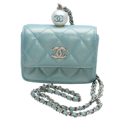 Chanel Quilted Chain Flap Coin Purse CC Logo Caviar Leather