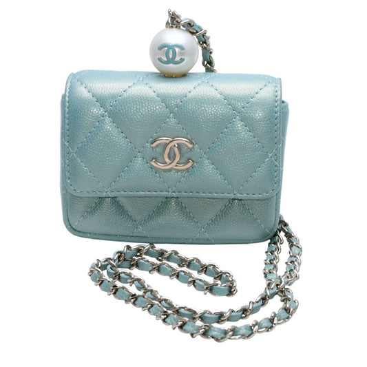 Chanel Quilted Chain Flap Coin Purse CC Logo Caviar Leather