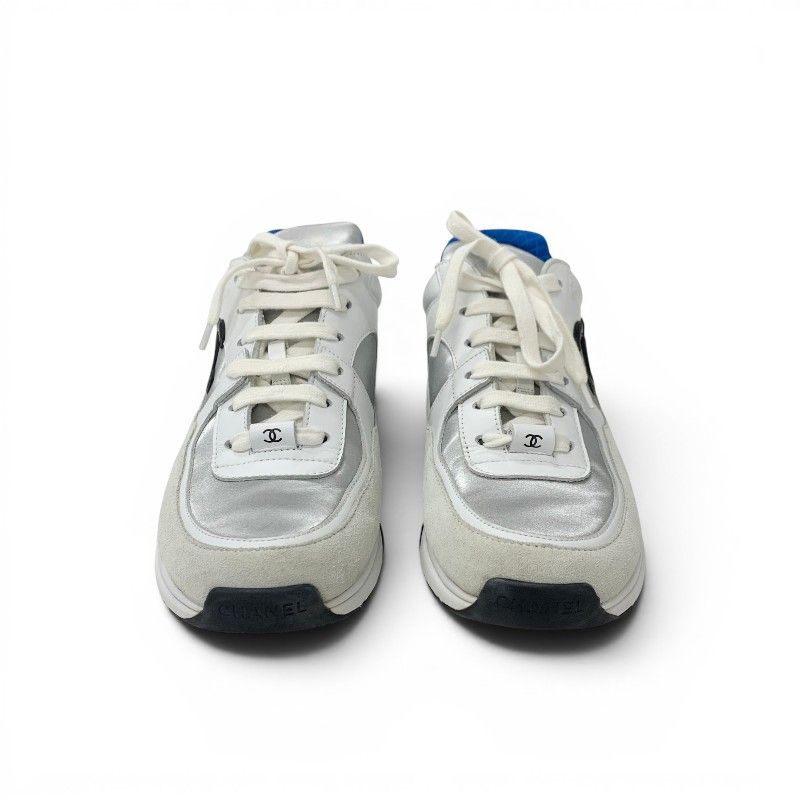 Chanel Sneakers Leather Fabric Suede White Black Blue CC Logo — view 2