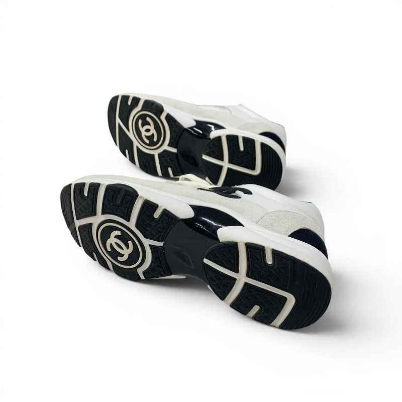 Chanel Sneakers Leather Fabric Suede White Black Blue CC Logo — view 6