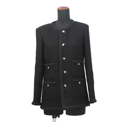 Chanel Jacket Tweed Camellia Button 34 Black