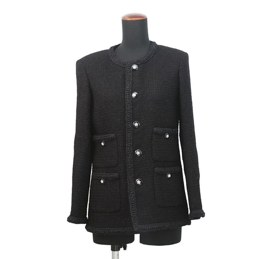 Chanel Jacket Tweed Camellia Button 34 Black
