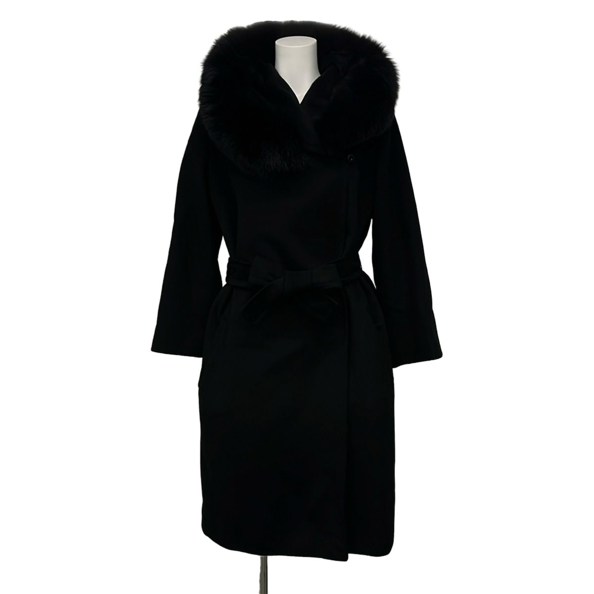 Max Mara Studio Coat 36 S Black Long Sleeve Wool Belt Fur Detachable Winter