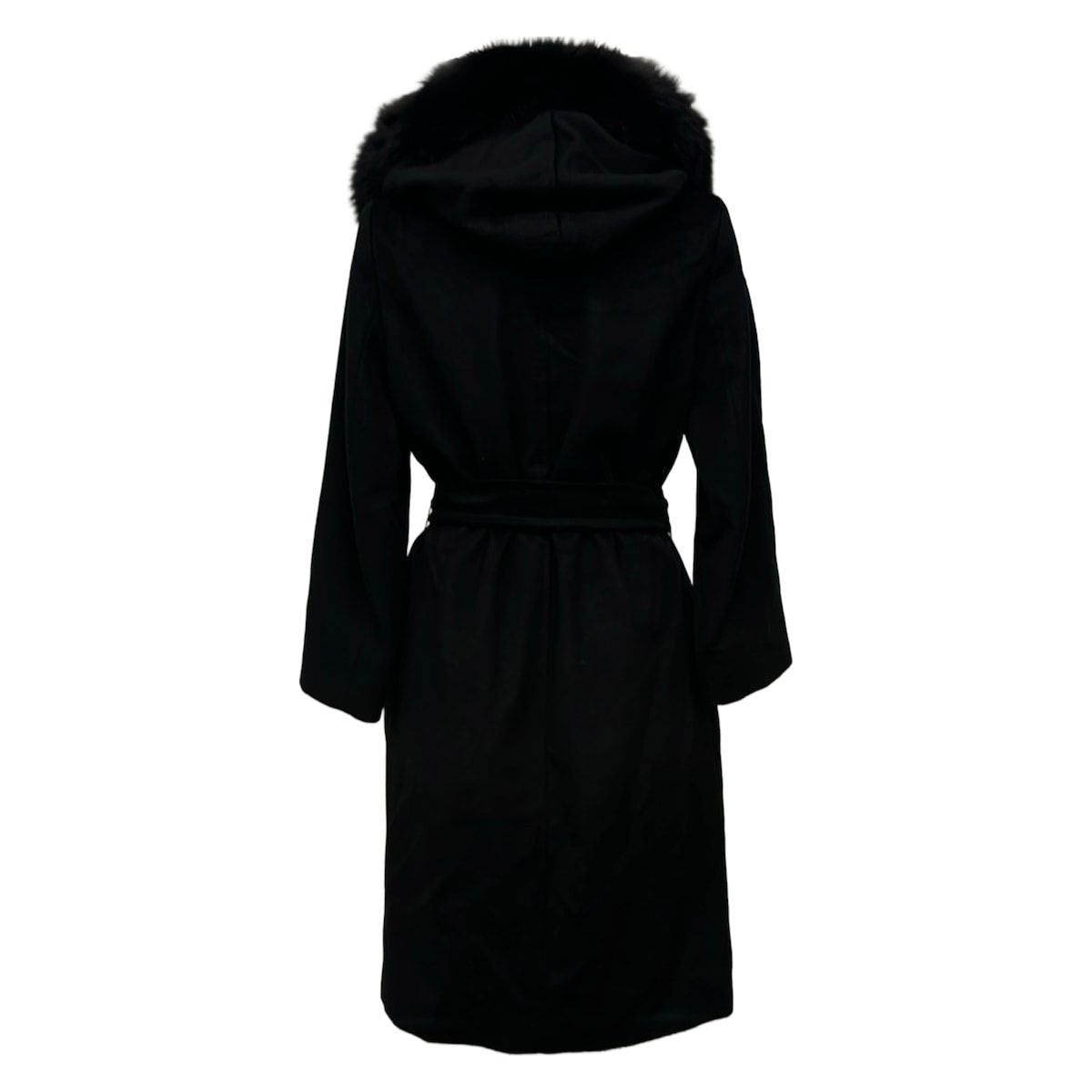 Max Mara Studio Coat 36 S Black Long Sleeve Wool Belt Fur Detachable Winter — view 2