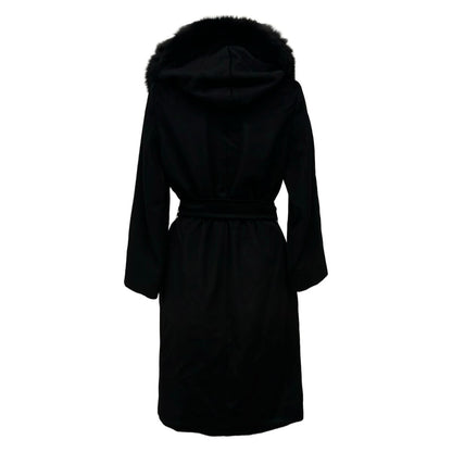 Max Mara Studio Coat 36 S Black Long Sleeve Wool Belt Fur Detachable Winter — view 2