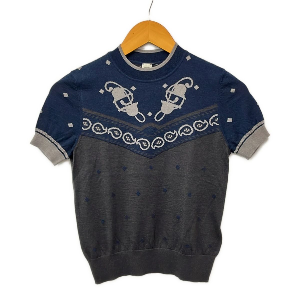 Hermes Short Sleeve Sweater 36 S Dark Gray Navy Multi Cashmere Silk Paisley