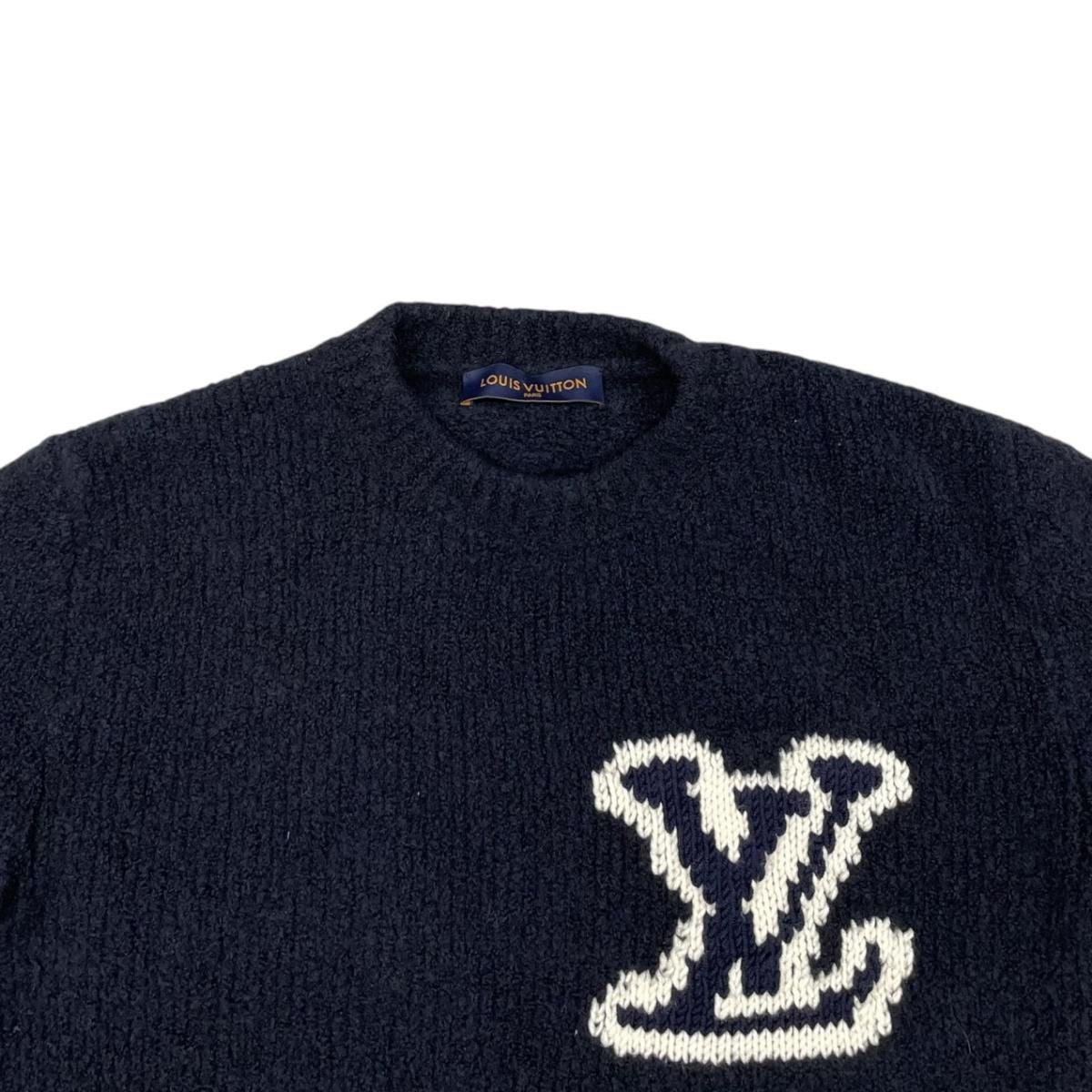 Louis Vuitton Sweater Intarsiacle Neck Knit Vss S LV Logo Navy — view 3