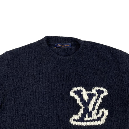 Louis Vuitton Sweater Intarsiacle Neck Knit Vss S LV Logo Navy — view 3
