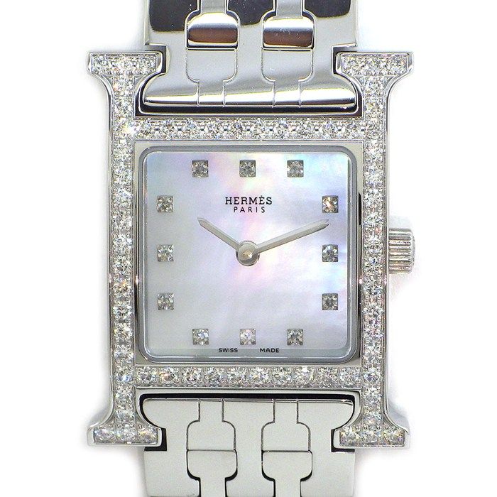 Hermes Watch Diamond Bezel Index Square White Shelldial SS