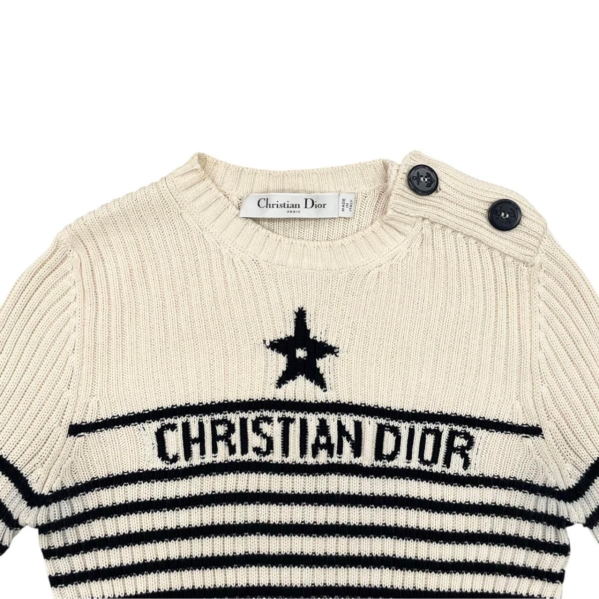 Dior Sweater Star Logo Border Knit 38 Cotton Beige Navy — view 3