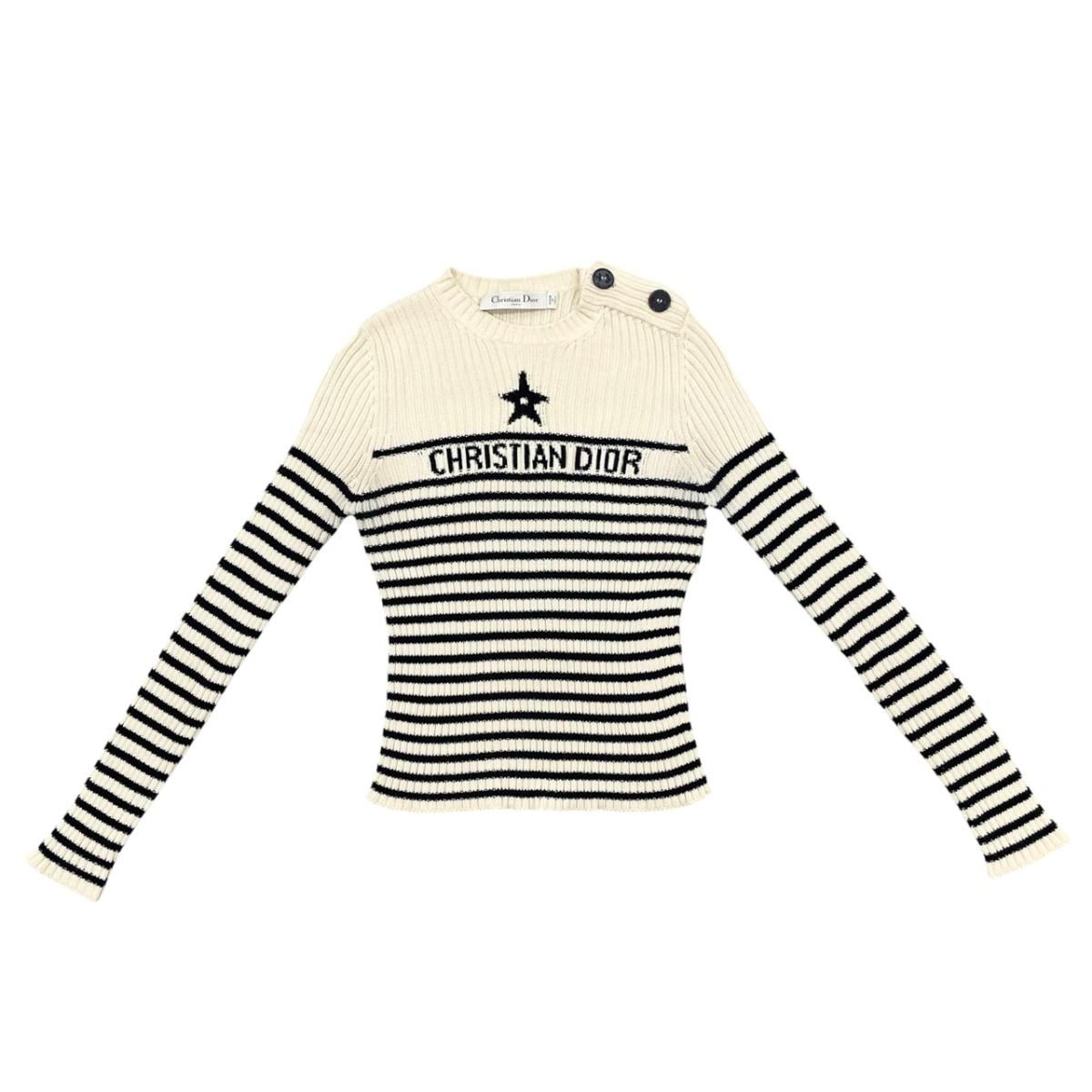 Dior Sweater Star Logo Border Knit 38 Cotton Beige Navy