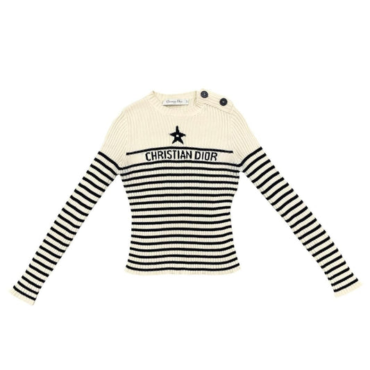 Dior Sweater Star Logo Border Knit 38 Cotton Beige Navy