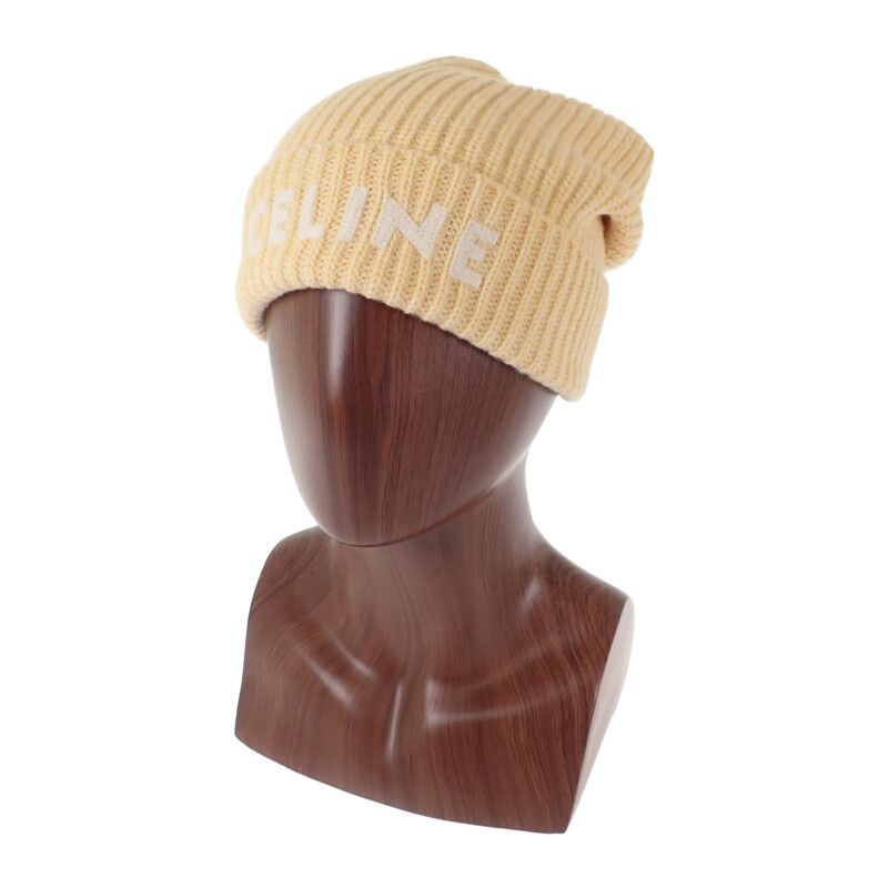 Celine Ribbed Logo Knit Cap Wool Yellow