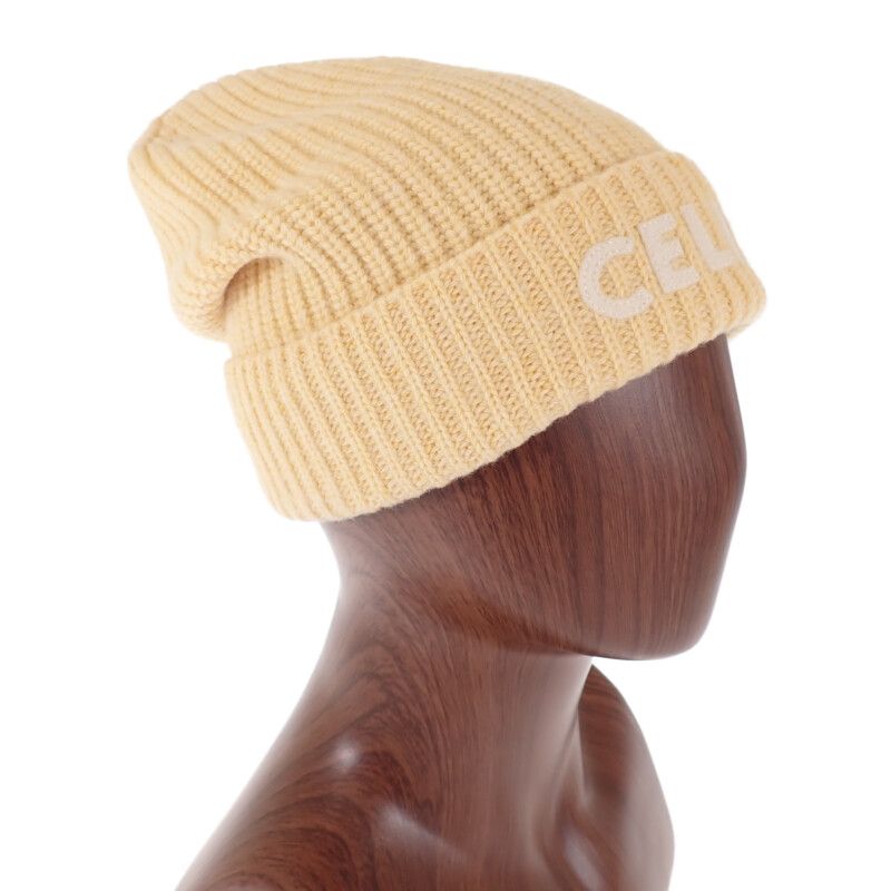 Celine Ribbed Logo Knit Cap Wool Yellow — view 2