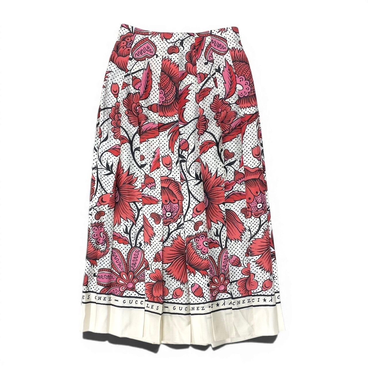 Gucci Floral Pleats Long Skirt Retro Modern All Over Pattern 36 Rosso Red Silk — view 2