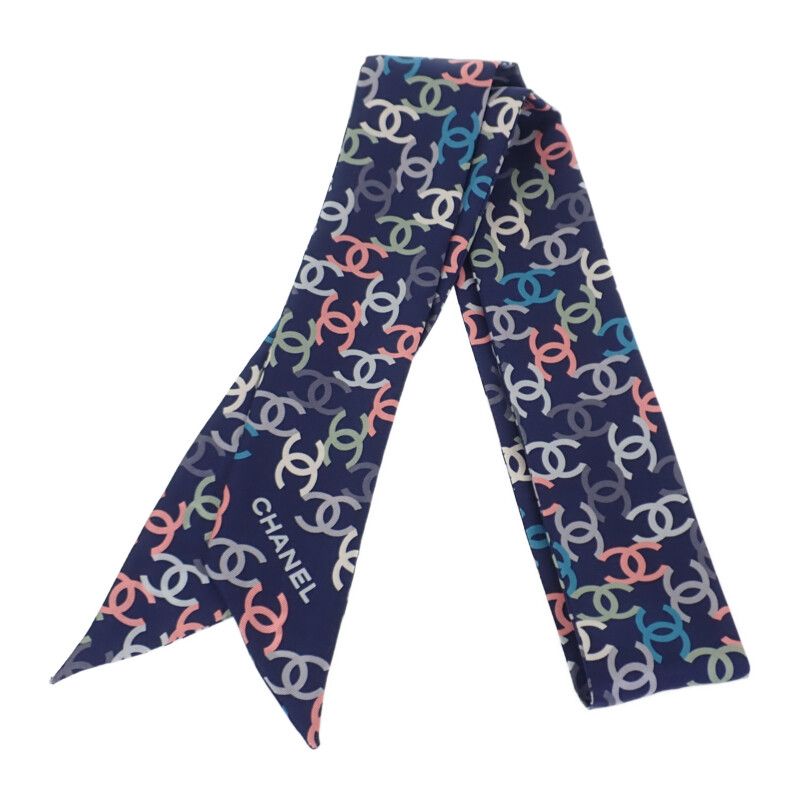 Chanel CC Logo Headband Scarf Silk Navy Multicolor