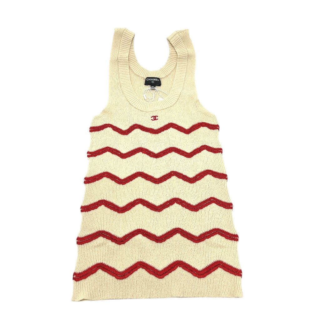 Chanel Tank Top CC Logo Zigzag Border Silk White