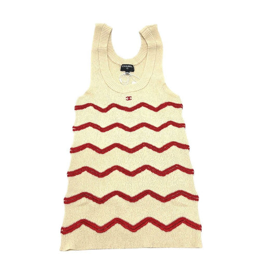 Chanel Tank Top CC Logo Zigzag Border Silk White