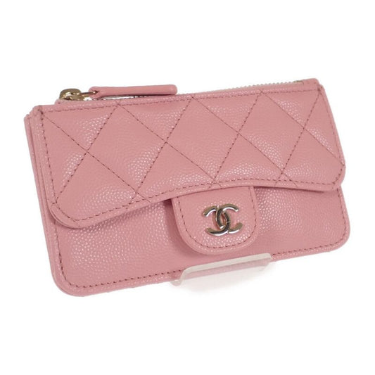 Chanel Quilted Flap Zip Coin Case Bag Card Caviar Leather Pink Gold