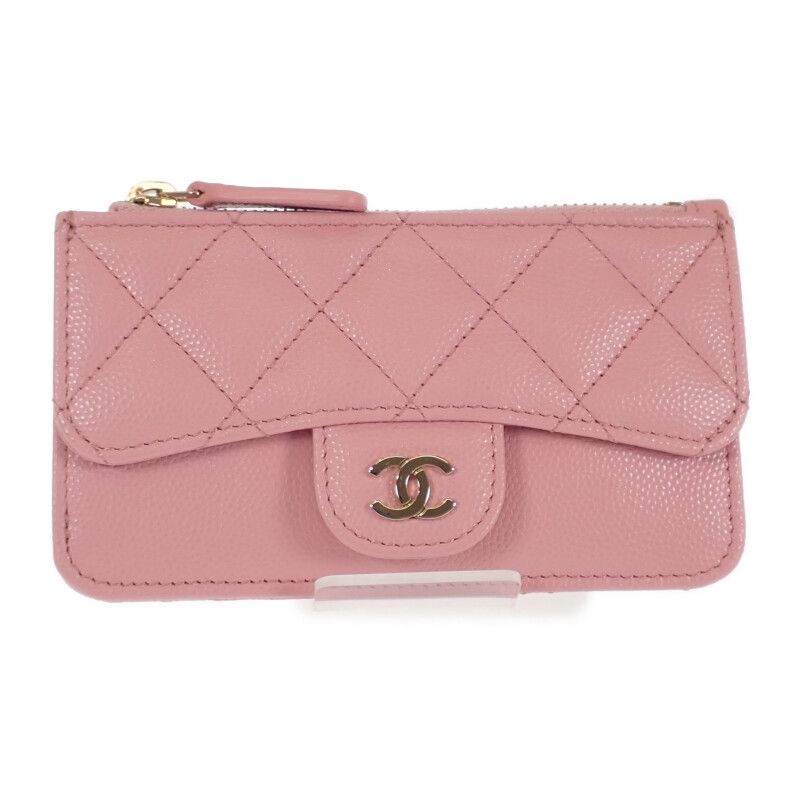 Chanel Quilted Flap Zip Coin Case Bag Card Caviar Leather Pink Gold — view 2