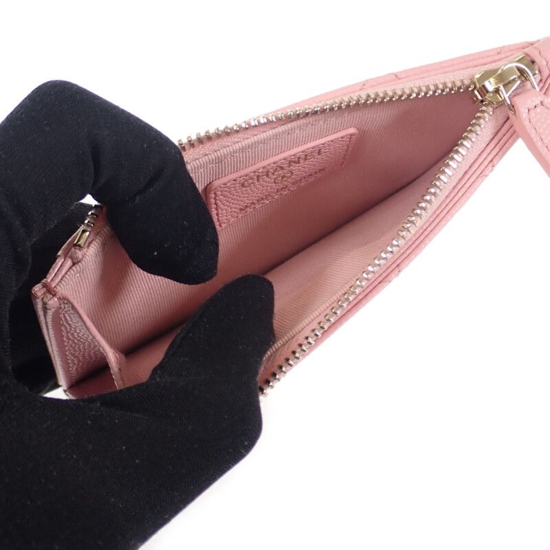 Chanel Quilted Flap Zip Coin Case Bag Card Caviar Leather Pink Gold — view 7