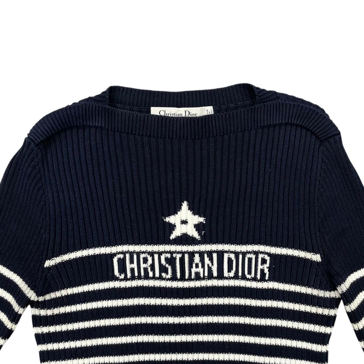 Dior Sweater Star Logo Border Knit 40 Cotton Navy White — view 3