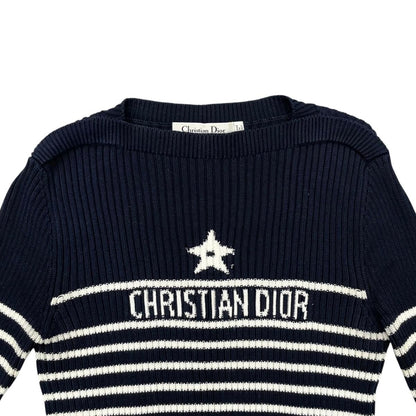Dior Sweater Star Logo Border Knit 40 Cotton Navy White — view 3
