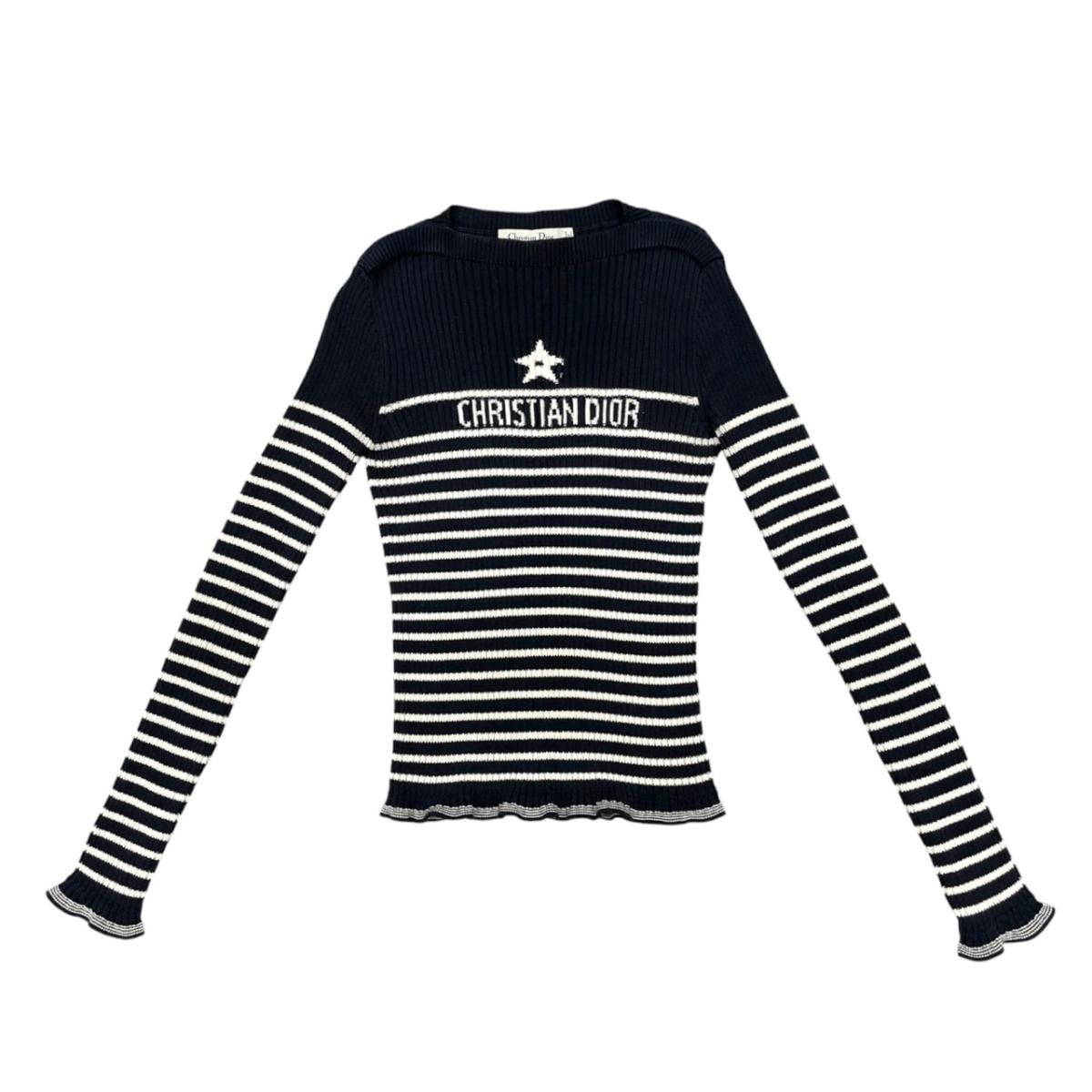 Dior Sweater Star Logo Border Knit 40 Cotton Navy White