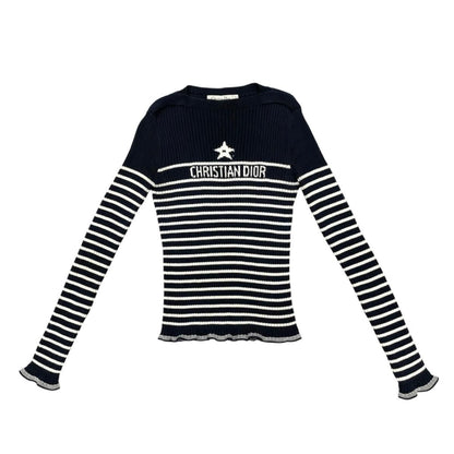 Dior Sweater Star Logo Border Knit 40 Cotton Navy White
