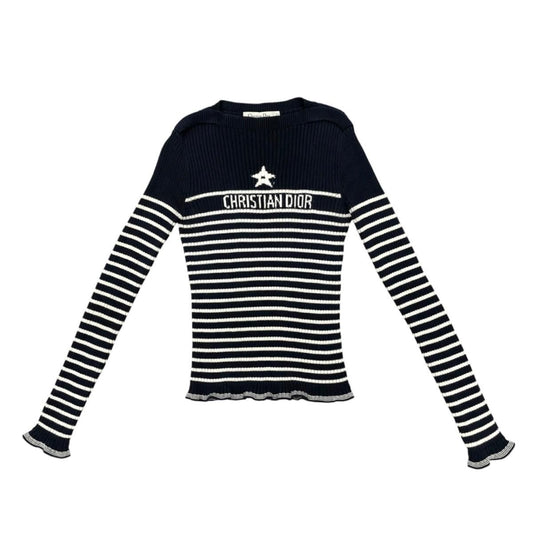 Dior Sweater Star Logo Border Knit 40 Cotton Navy White