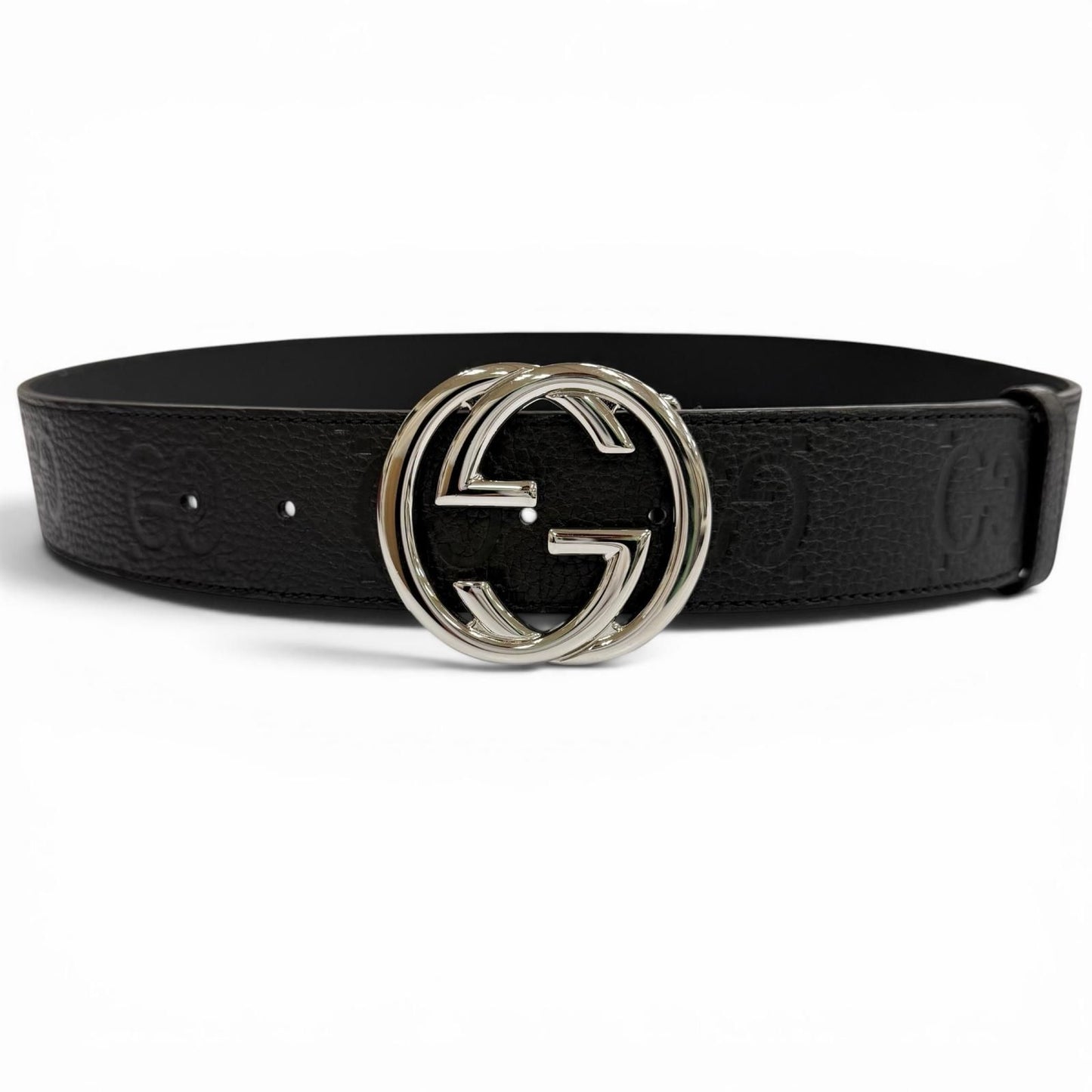 Gucci Leather GG Pattern Interlocking Buckle Wide Belt Black Silver — view 3