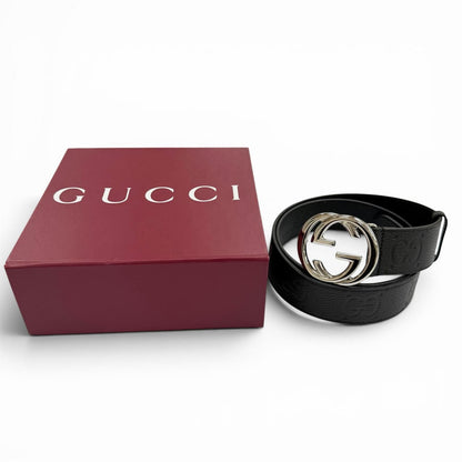 Gucci Leather GG Pattern Interlocking Buckle Wide Belt Black Silver — view 2