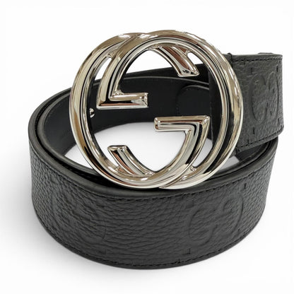 Gucci Leather GG Pattern Interlocking Buckle Wide Belt Black Silver