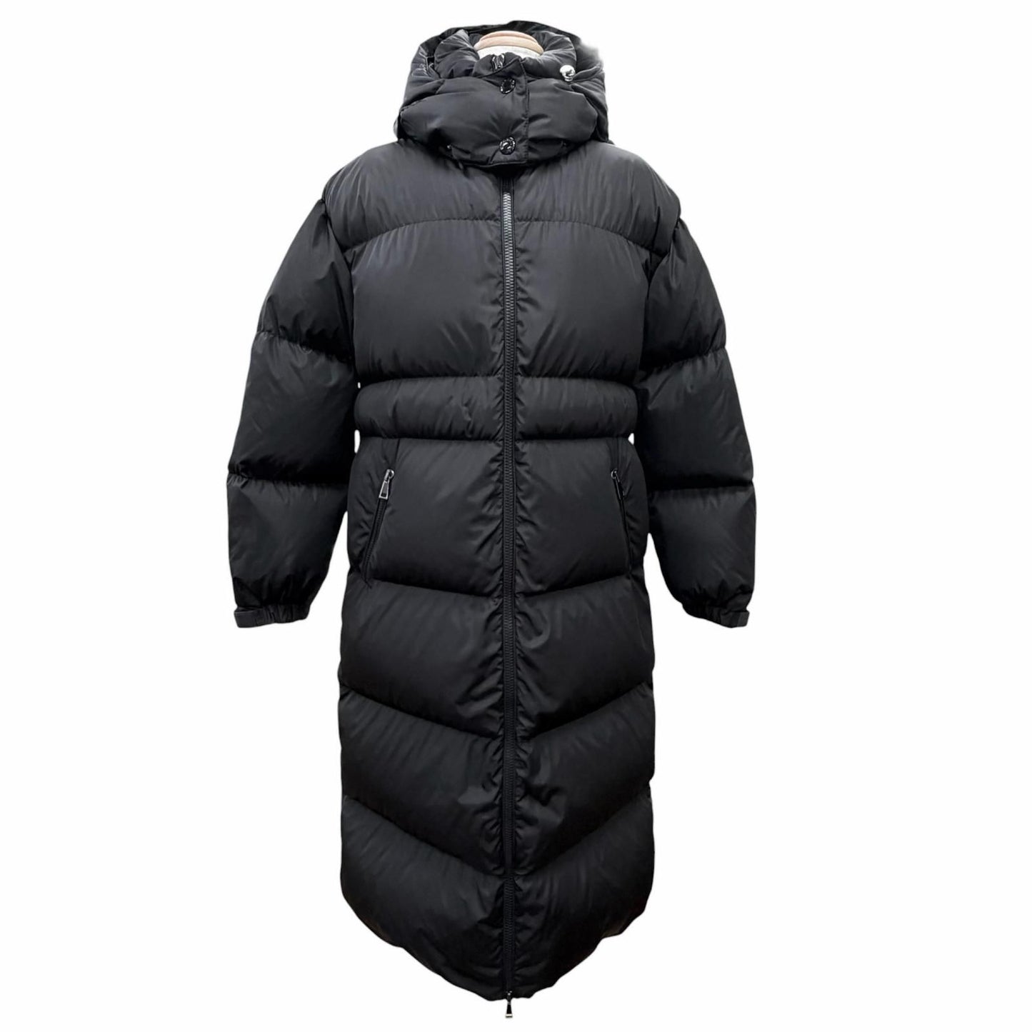 Moncler Tiam Nylon Logo Patch Hooded Long Down Coat Black 0