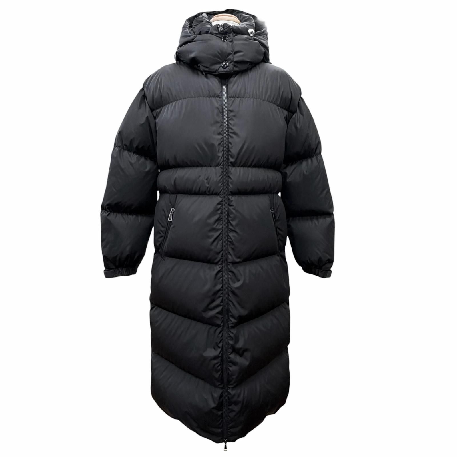 Moncler Tiam Nylon Logo Patch Hooded Long Down Coat Black 0