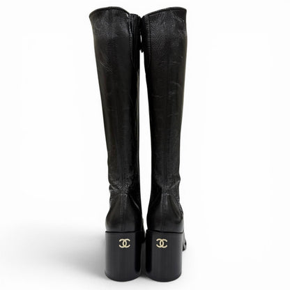 Chanel 24k CC Logo Side Zip Leather Long Boots Black — view 9