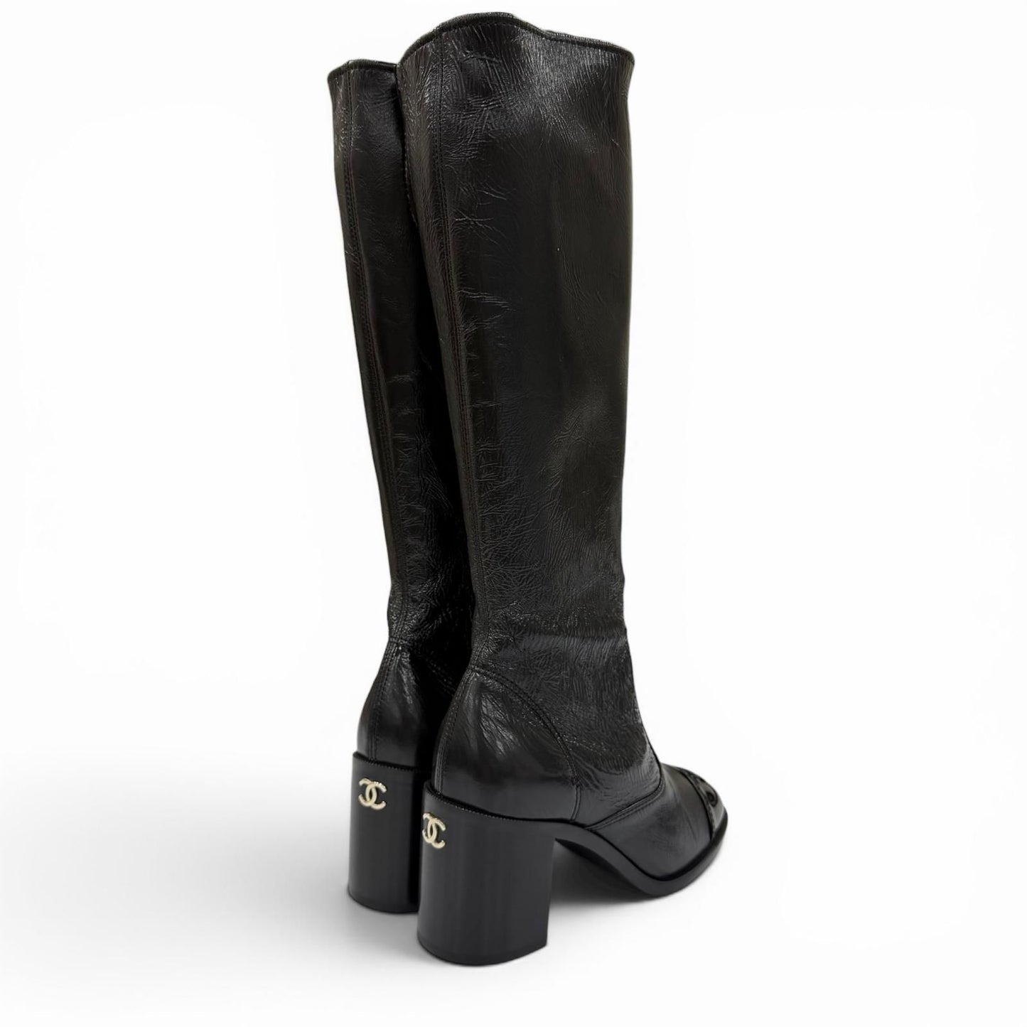 Chanel 24k CC Logo Side Zip Leather Long Boots Black — view 3