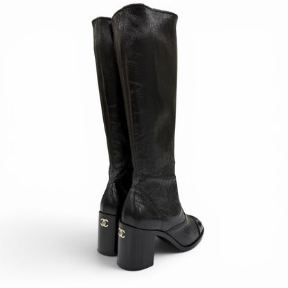 Chanel 24k CC Logo Side Zip Leather Long Boots Black — view 3