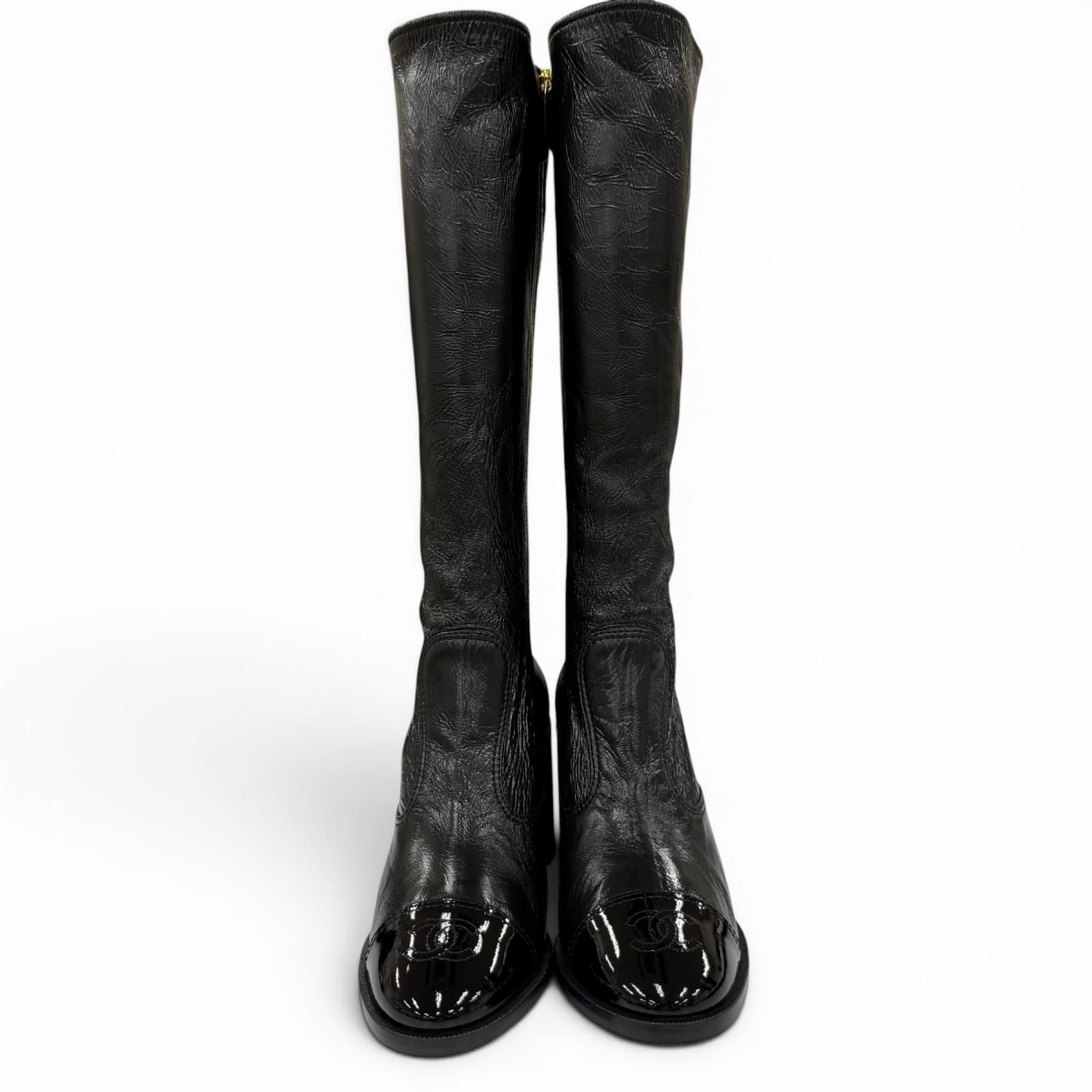 Chanel 24k CC Logo Side Zip Leather Long Boots Black — view 4