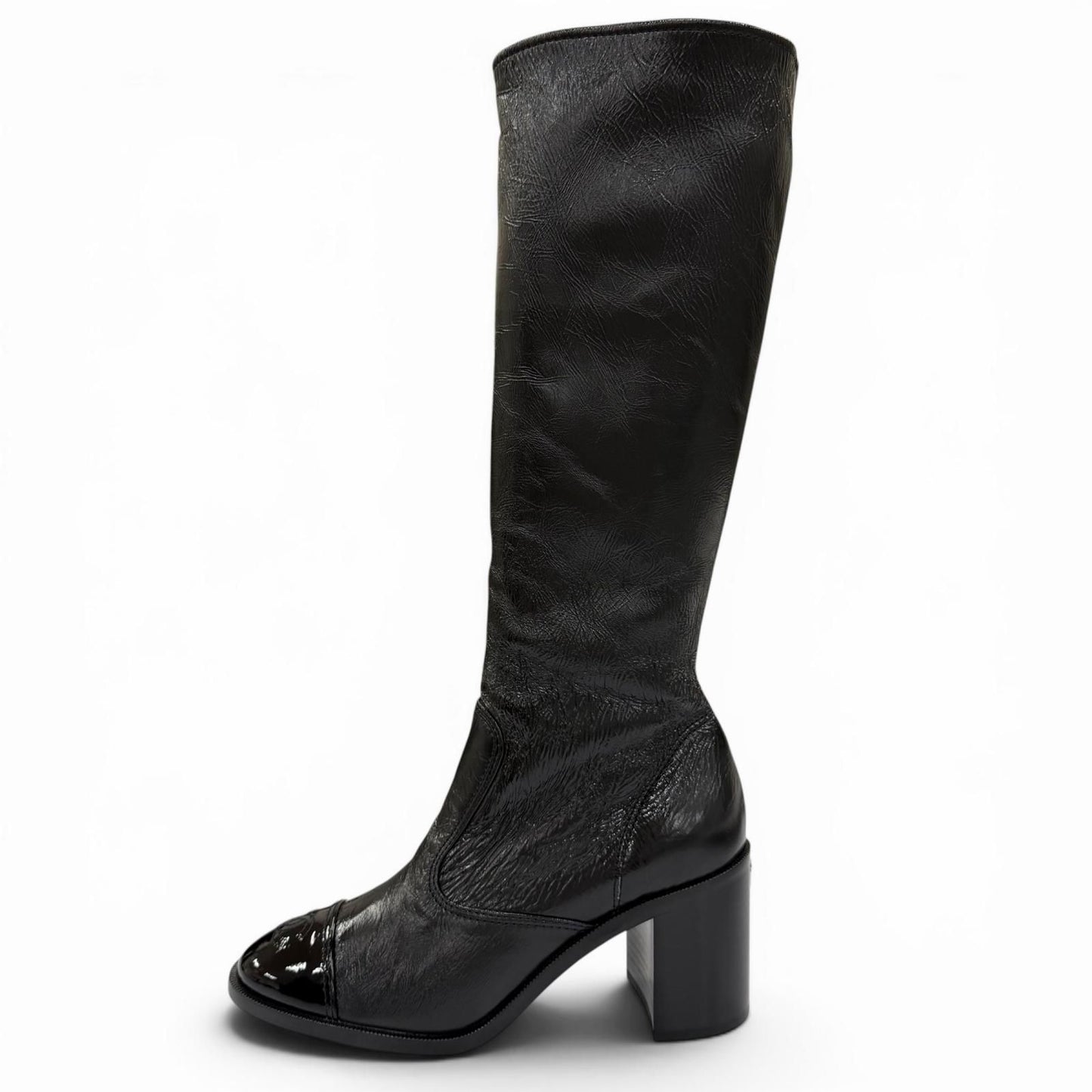 Chanel 24k CC Logo Side Zip Leather Long Boots Black — view 5
