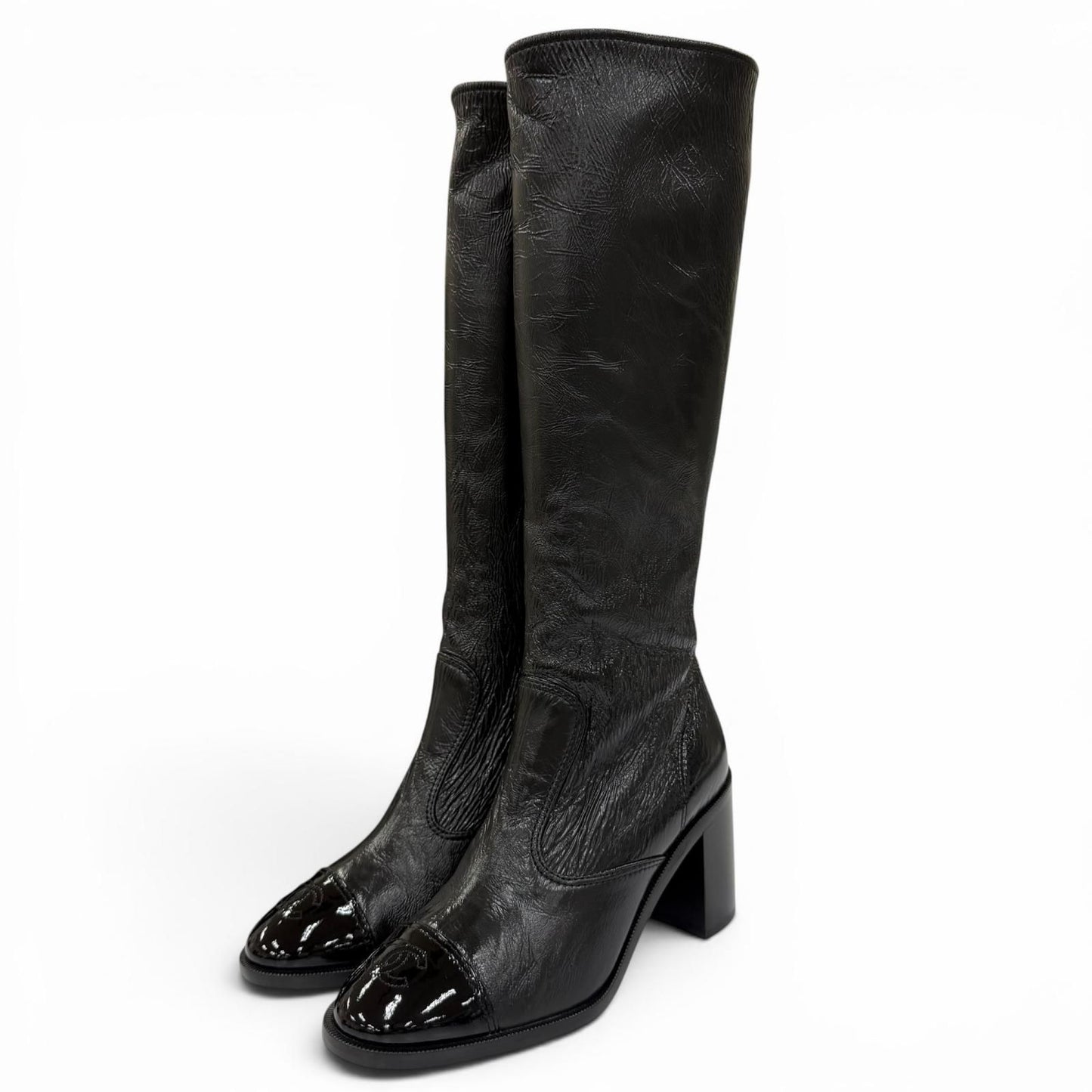 Chanel 24k CC Logo Side Zip Leather Long Boots Black