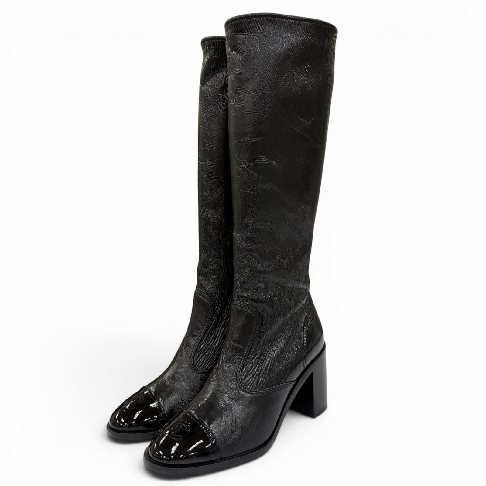 Chanel 24k CC Logo Side Zip Leather Long Boots Black