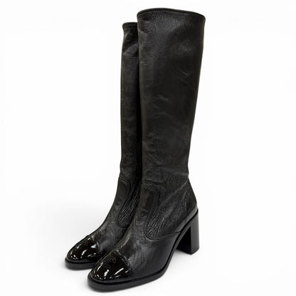 Chanel 24k CC Logo Side Zip Leather Long Boots Black